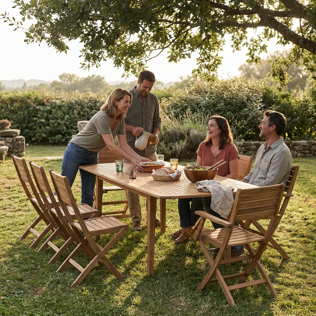 Repas de famille autour d'une table de jardin en acacia d'occasion, chaises pliantes assorties sur l'herbe
